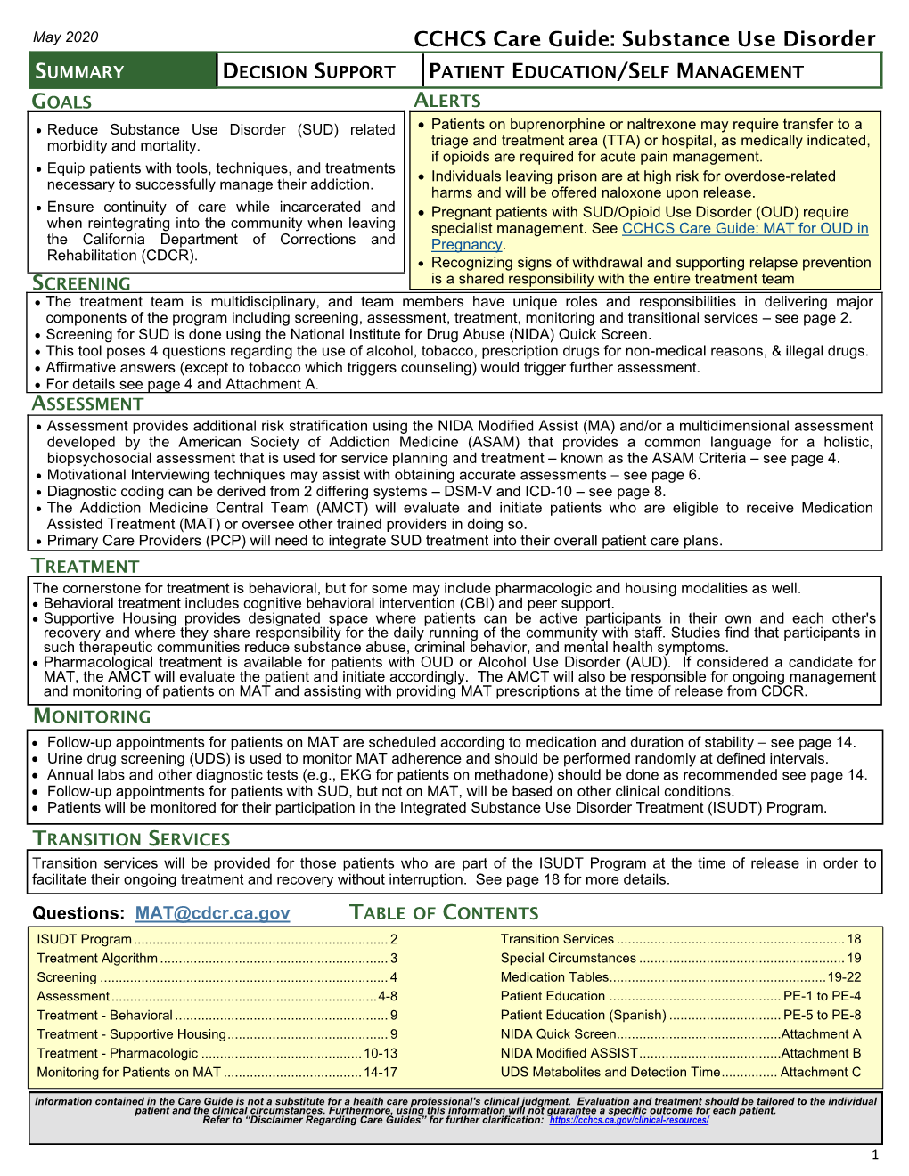 CCHCS Care Guide: Substance Use Disorder