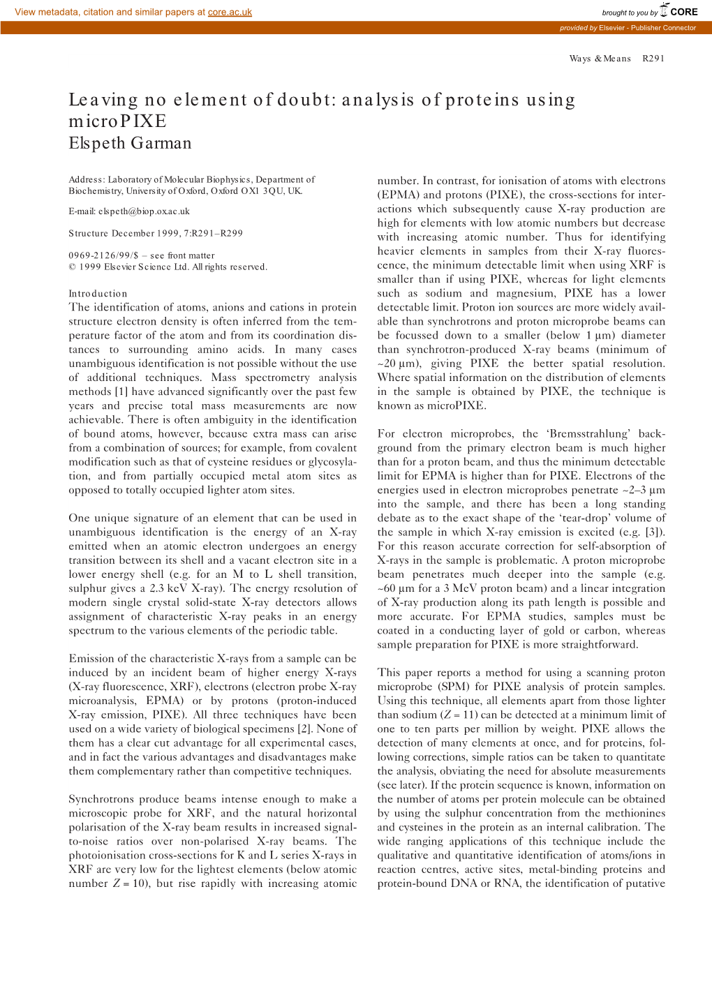 Leaving No Element of Doubt: Analysis of Proteins Using Micropixe Elspeth Garman