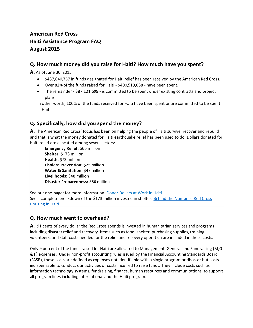 American Red Cross Haiti Assistance Program FAQ August 2015 Q. How