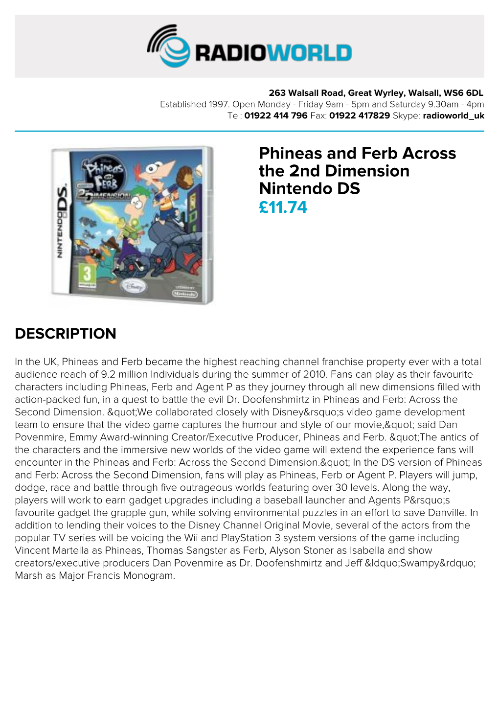 Phineas and Ferb Across the 2Nd Dimension Nintendo DS £11.74