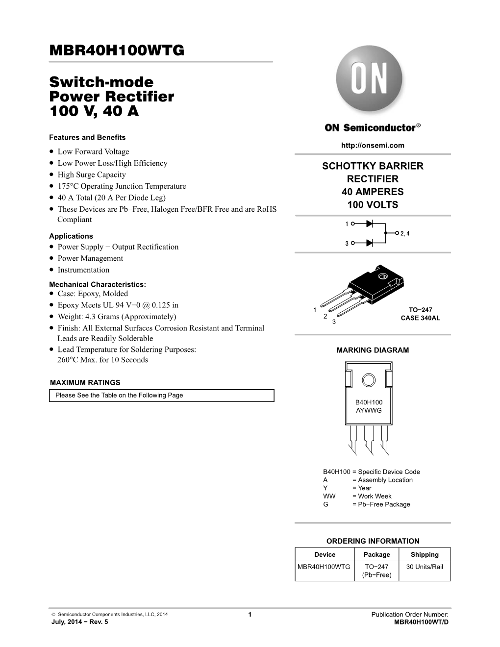 MBR40H100WTG Switch-Mode Power Rectifier 100 V, 40 A