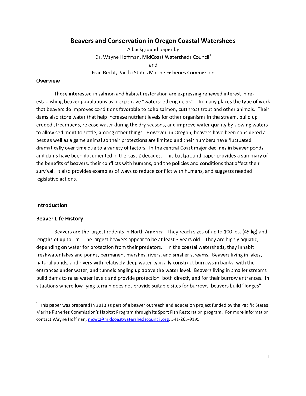 Beavers and Conservation in Oregon Coastal Watersheds a Background Paper by Dr