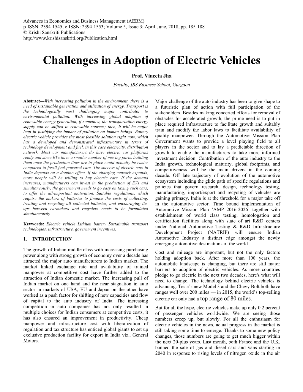 Challenges in Adoption of Electric Vehicles