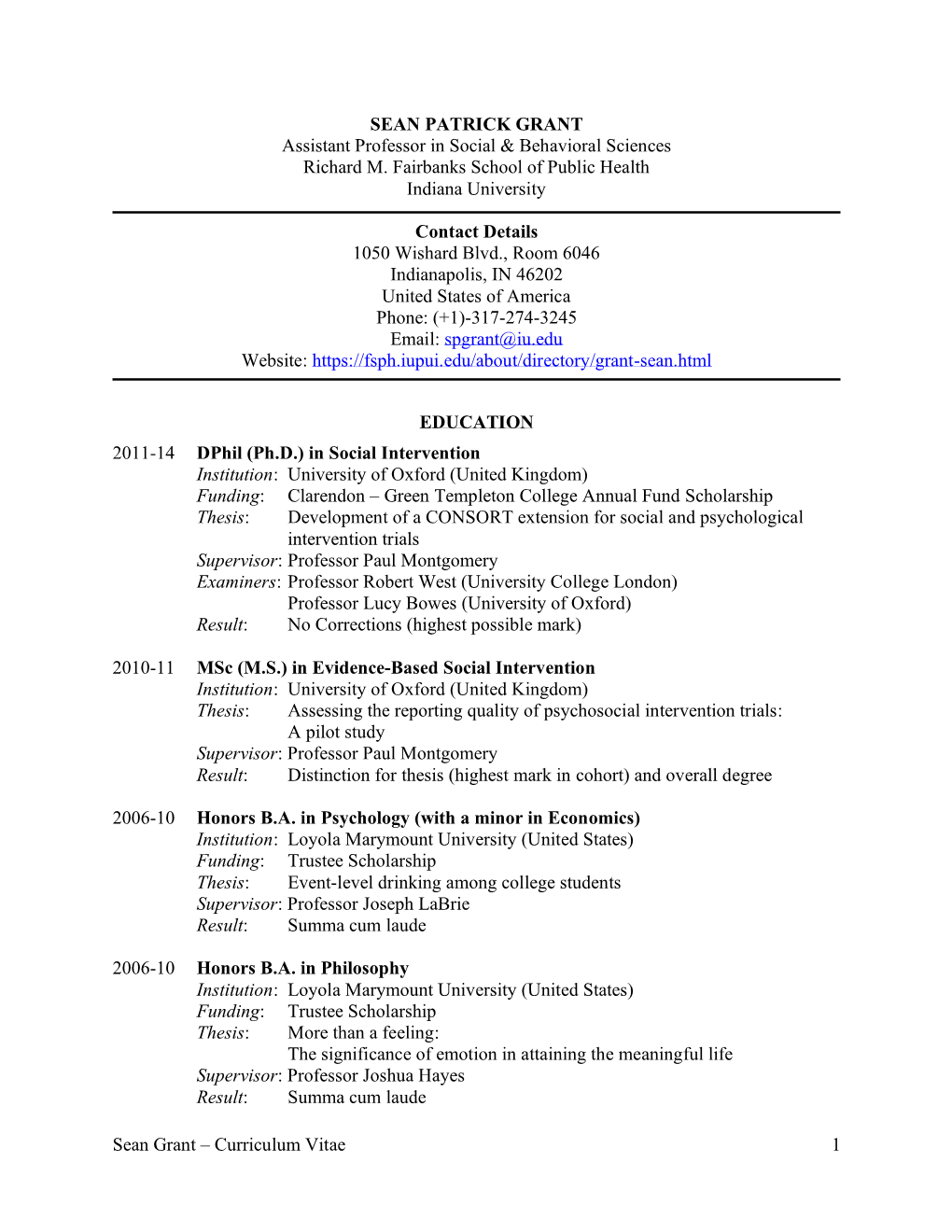 Sean Grant – Curriculum Vitae 1 SEAN PATRICK GRANT Assistant