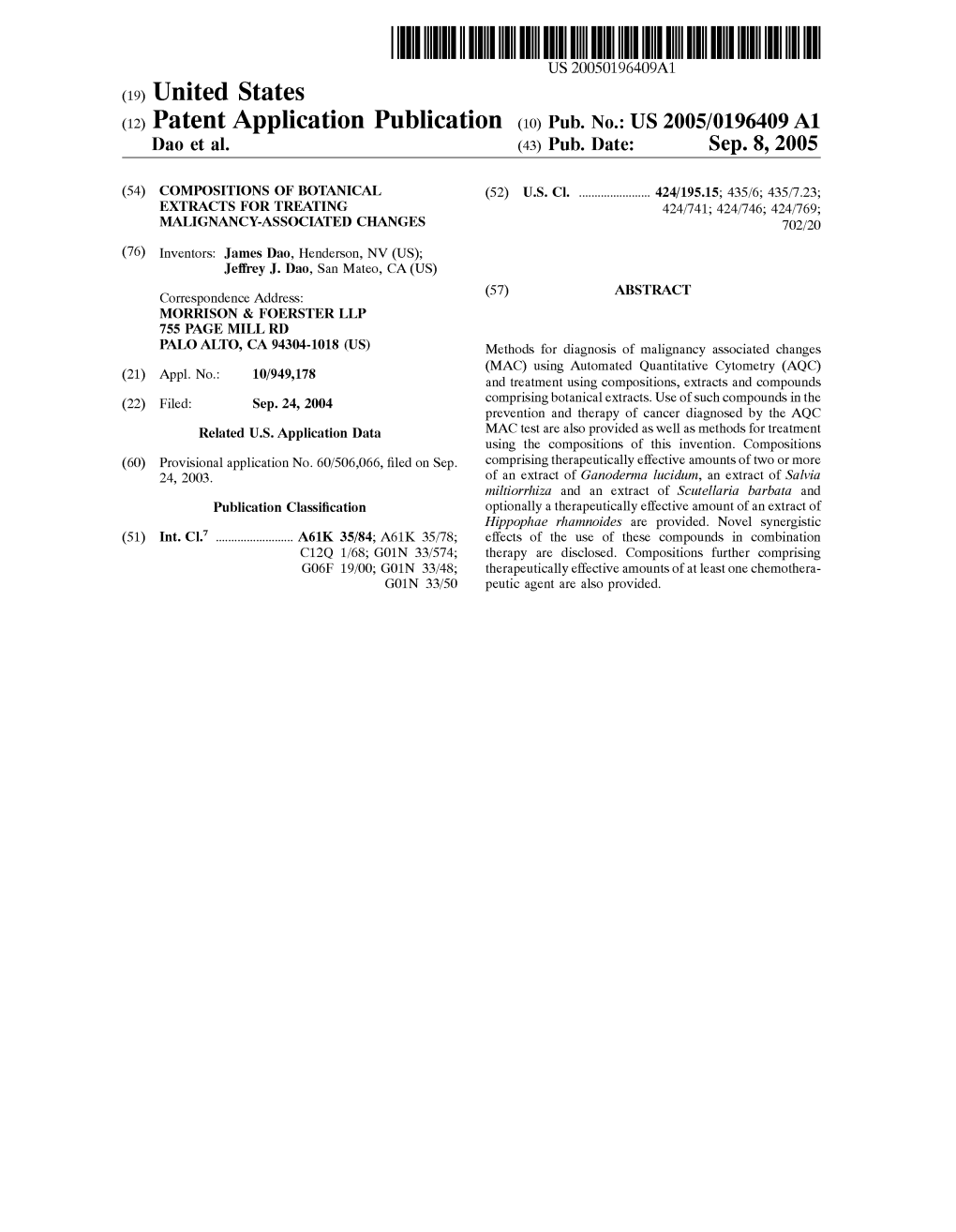 (12) Patent Application Publication (10) Pub. No.: US 2005/0196409 A1 Da0 Et Al