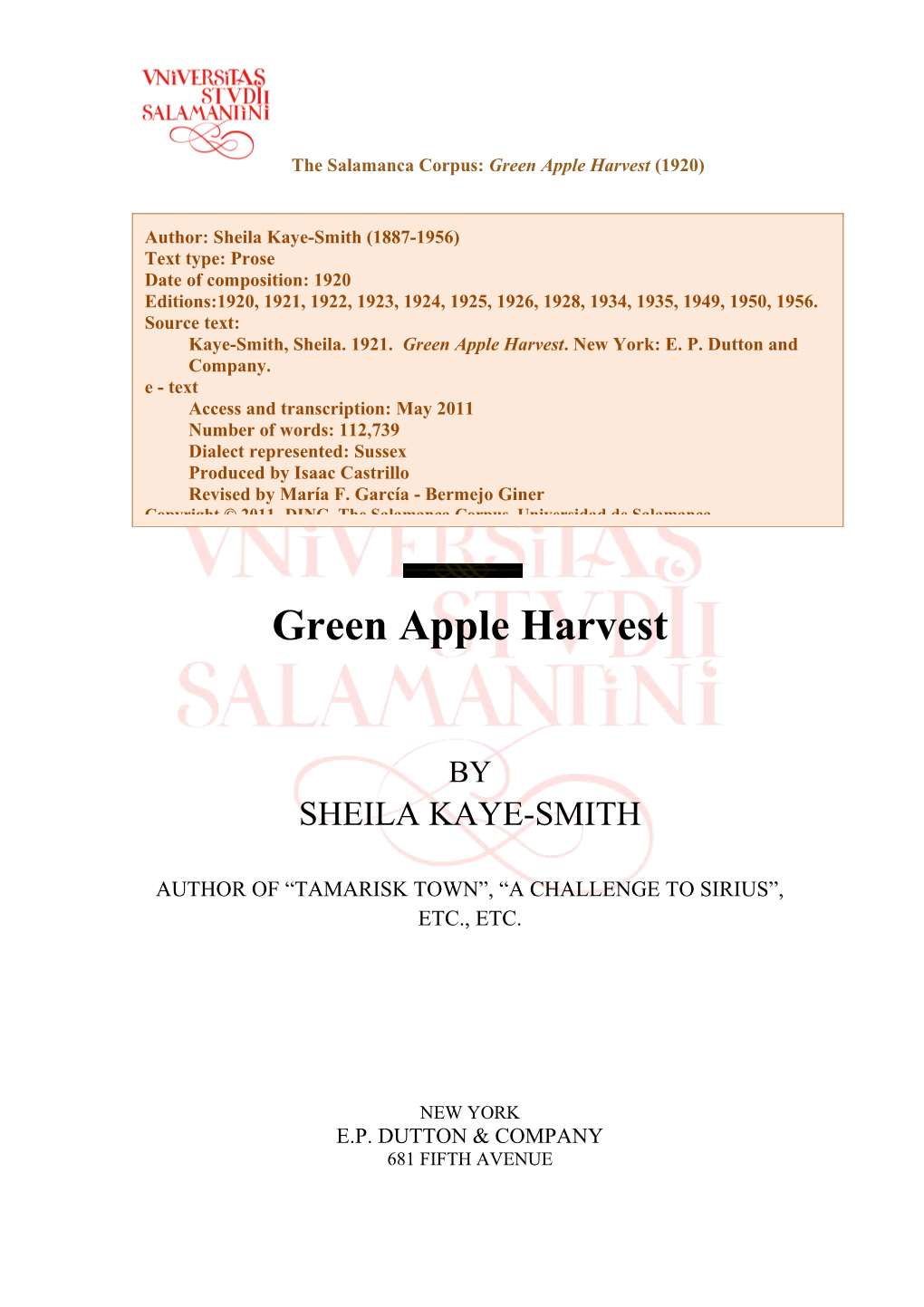 The Salamanca Corpus: Green Apple Harvest (1920)