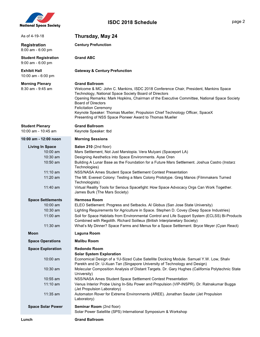 ISDC 2018 Schedule Thursday, May 24