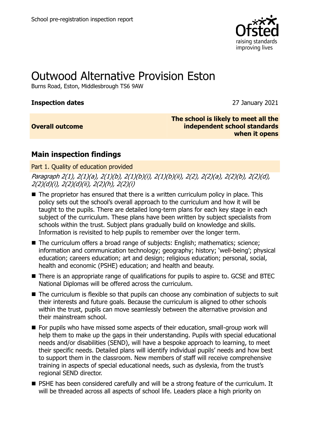 Outwood Alternative Provision Eston Burns Road, Eston, Middlesbrough TS6 9AW