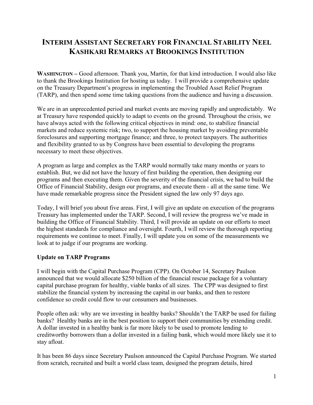 Interim Assistant Secretary for Financial Stability Neel Kashkari Remarks at Brookings Institution