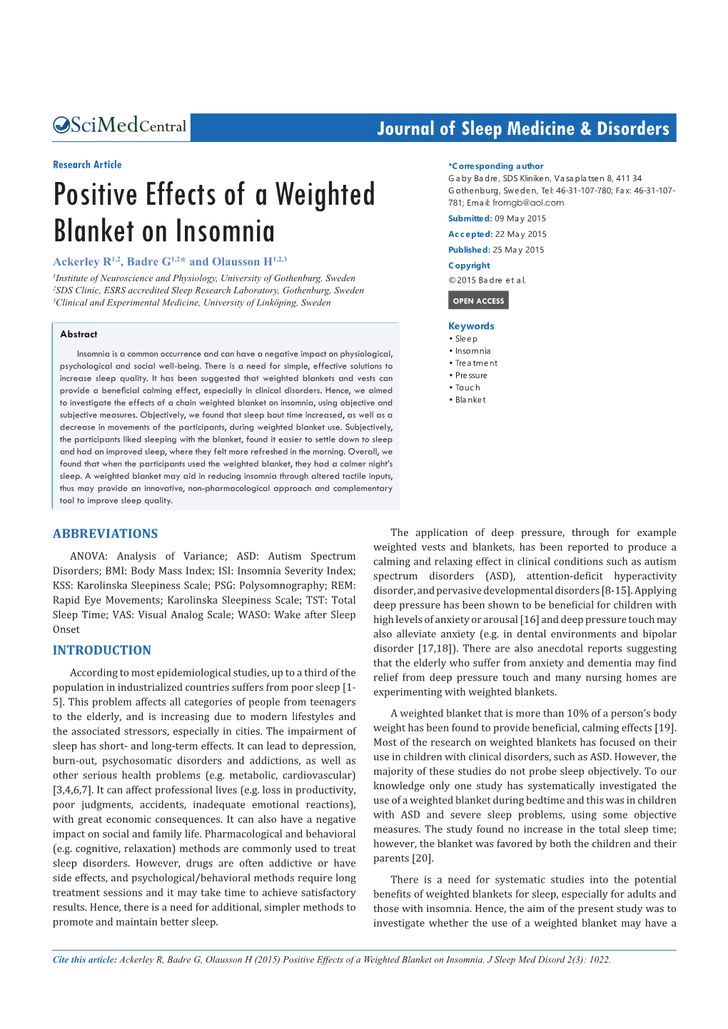 Positive Effects of a Weighted Blanket on Insomnia