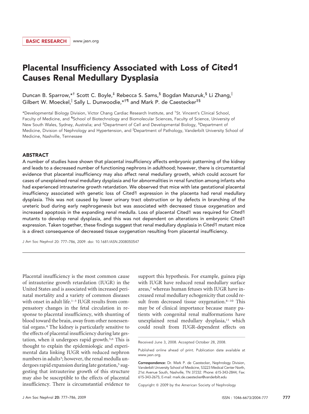 Placental Insufficiency Associated with Loss of Cited1 Causes Renal Medullary Dysplasia