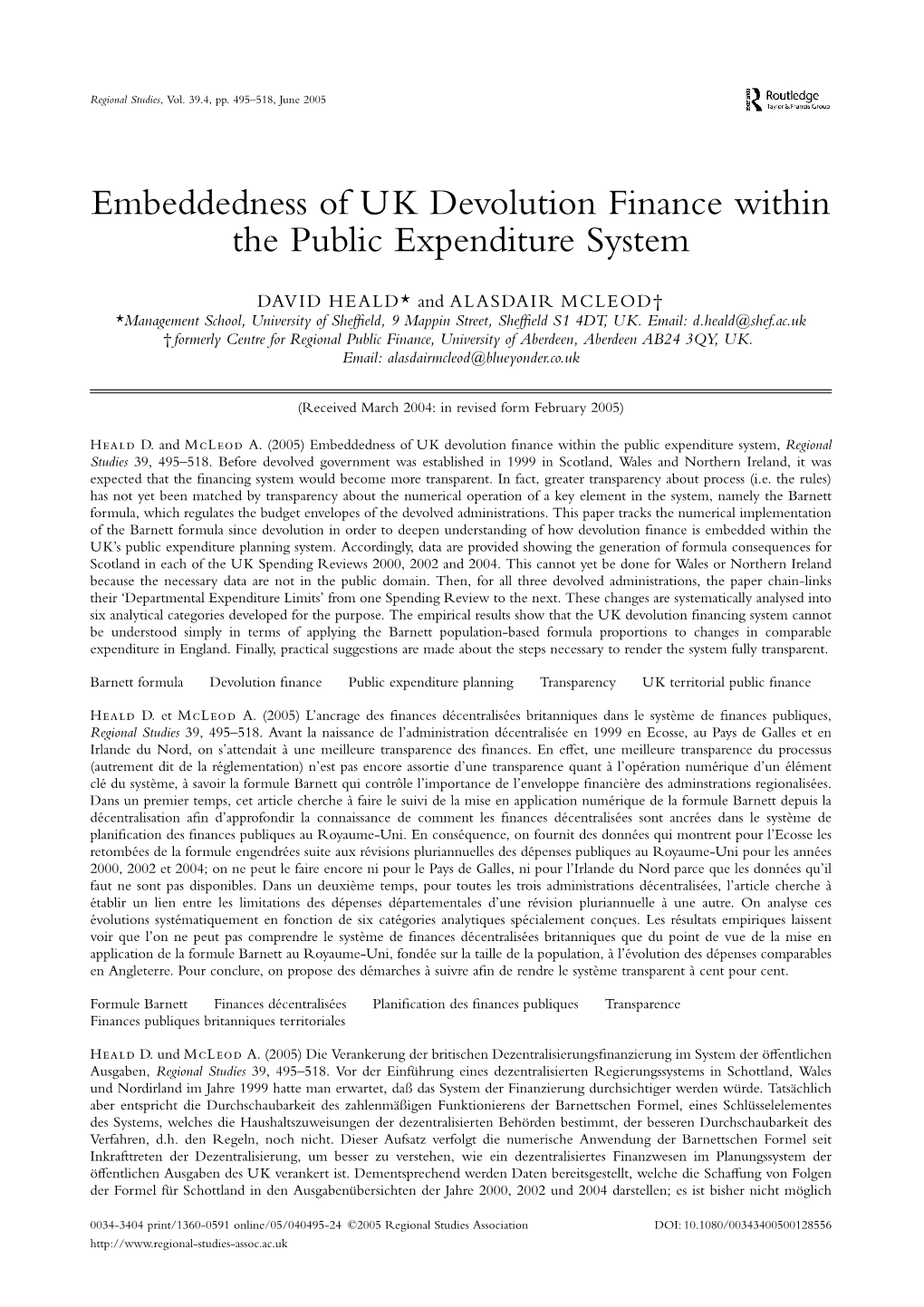 Embeddedness of UK Devolution Finance Within the Public Expenditure System