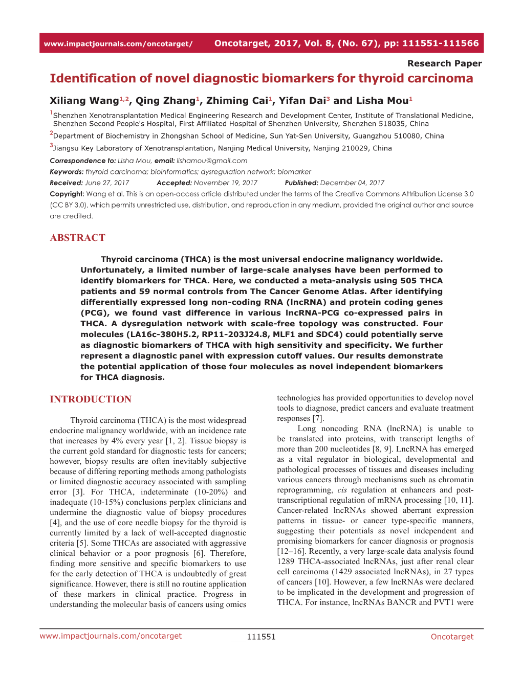 Identification of Novel Diagnostic Biomarkers for Thyroid Carcinoma