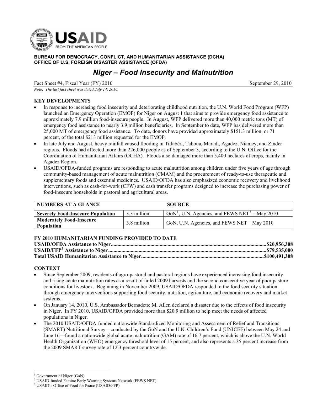 USAID/DCHA Niger Food Insecurity Fact Sheet #4