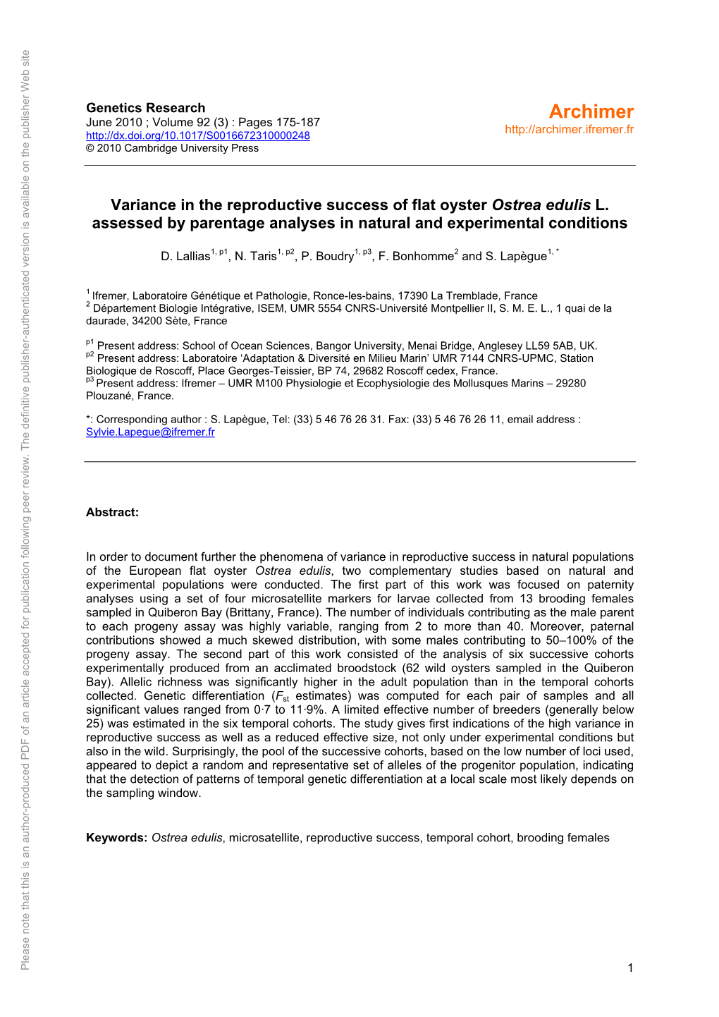 Variance in the Reproductive Success of Flat Oyster Ostrea