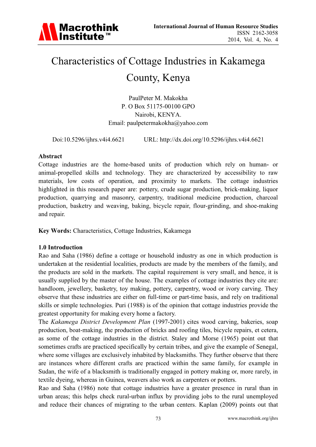 Characteristics of Cottage Industries in Kakamega County, Kenya