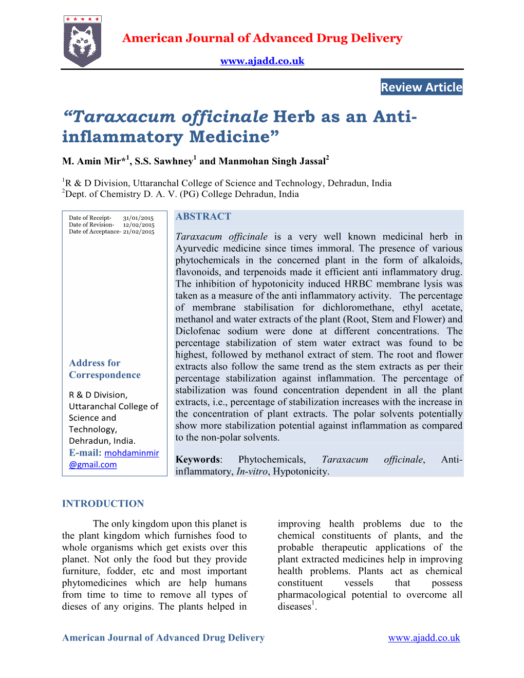 “Taraxacum Officinale Herb As an Anti- Inflammatory Medicine” M