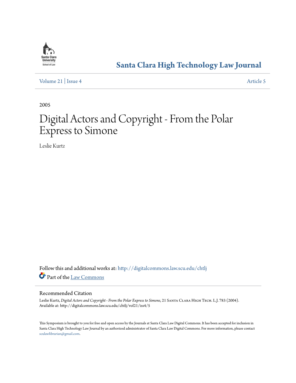 Digital Actors and Copyright - from the Polar Express to Simone Leslie Kurtz