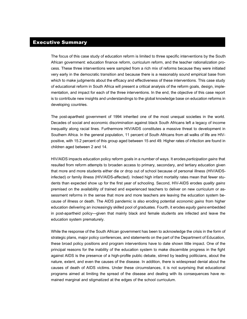 Educational Change in South Africa, 1994-2003 (Executive Summary)