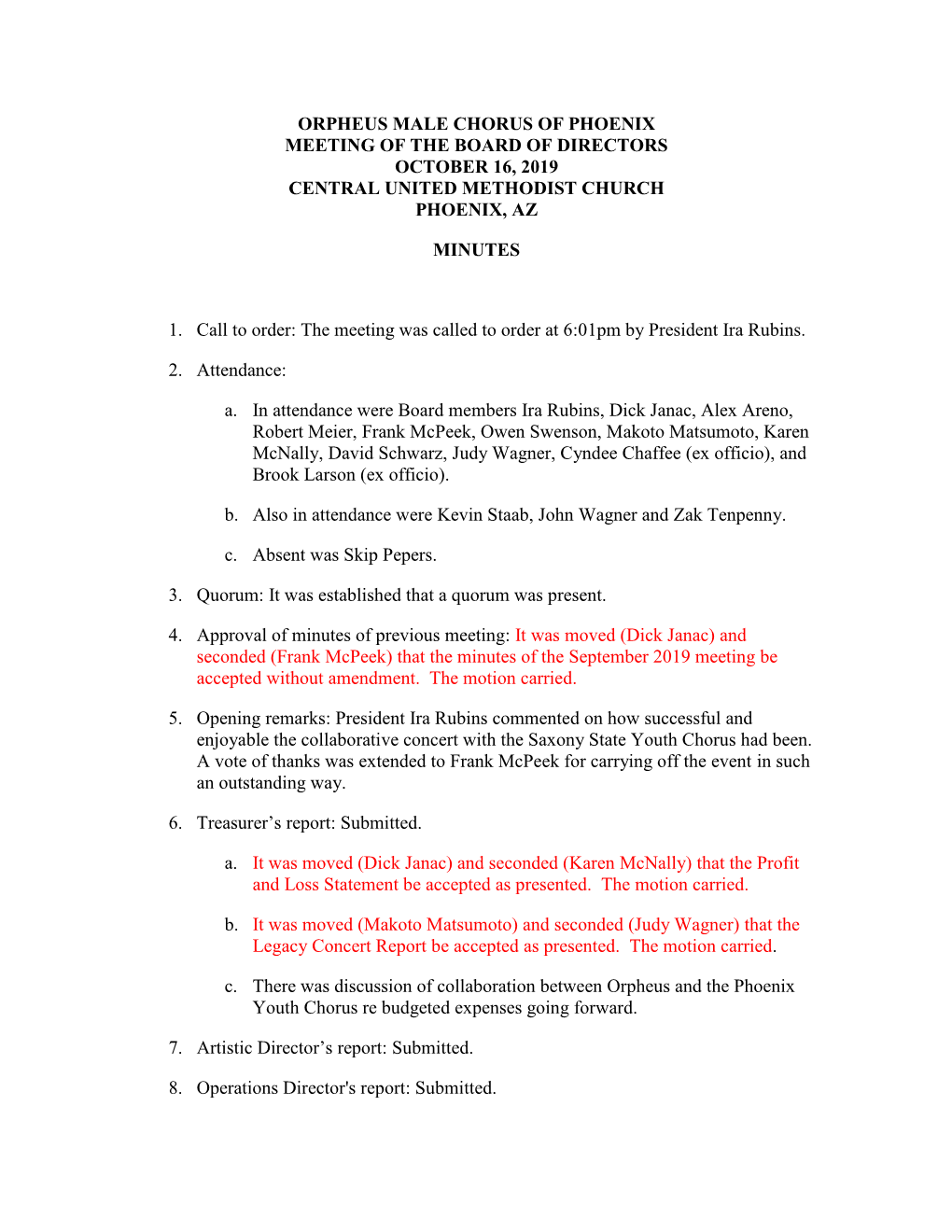 Orpheus Male Chorus of Phoenix Meeting of the Board of Directors October 16, 2019 Central United Methodist Church Phoenix, Az