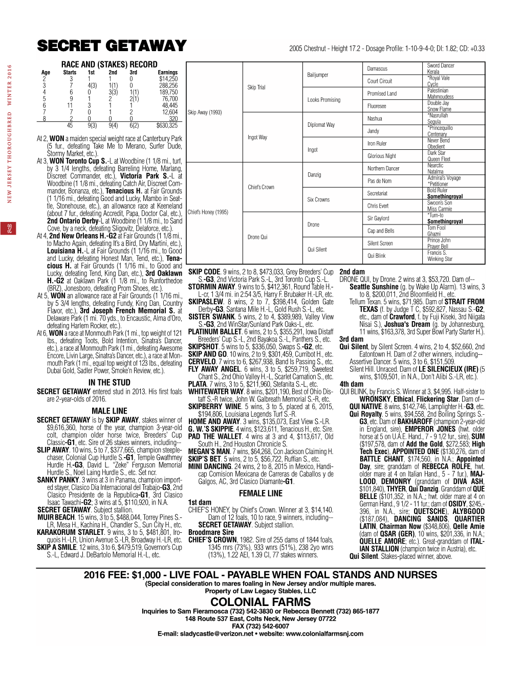 SECRET GETAWAY 2005 Chestnut - Height 17.2 - Dosage Profile: 1-10-9-4-0; DI: 1.82; CD: +0.33