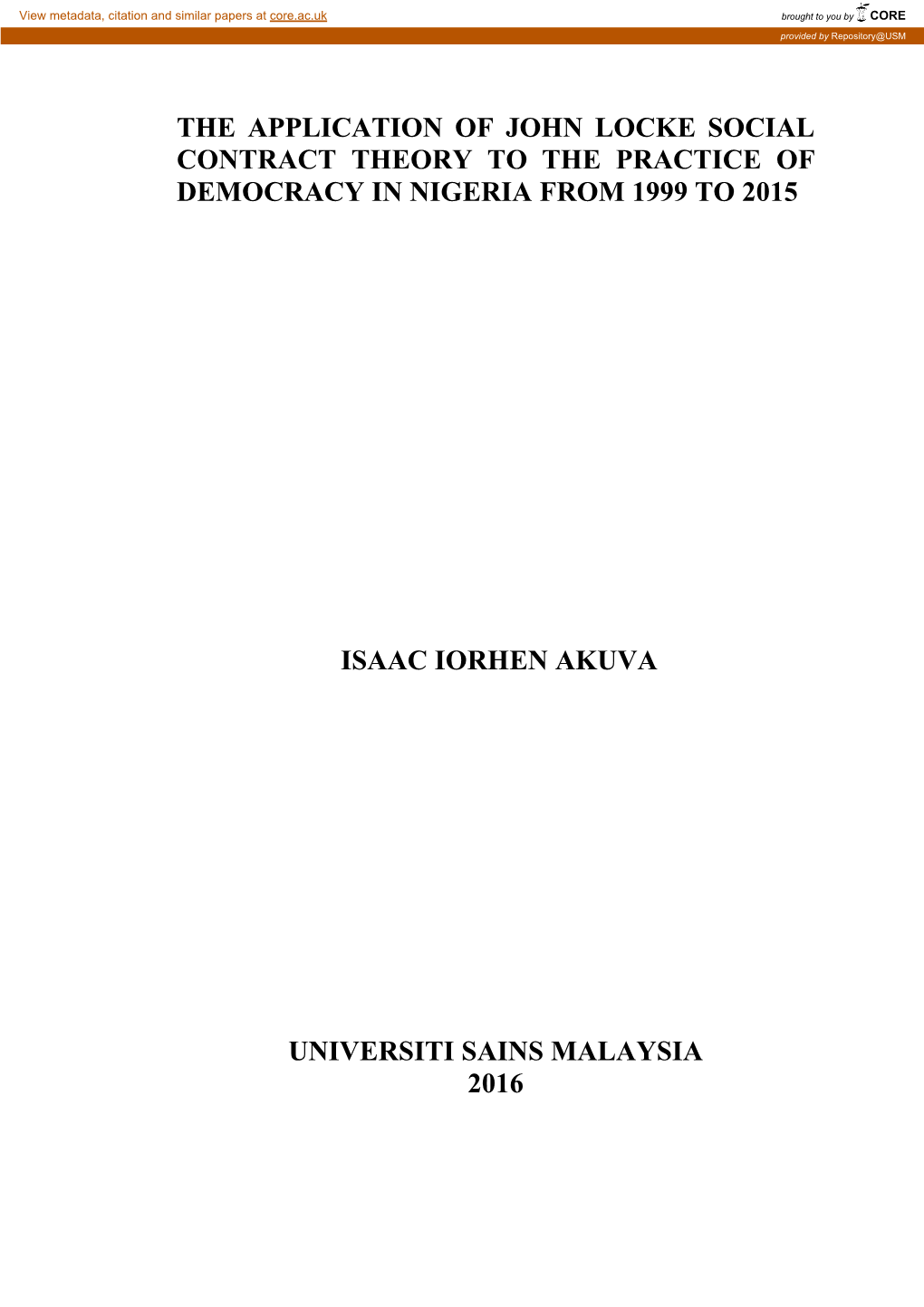 The Application of John Locke Social Contract Theory to the Practice of Democracy in Nigeria from 1999 to 2015