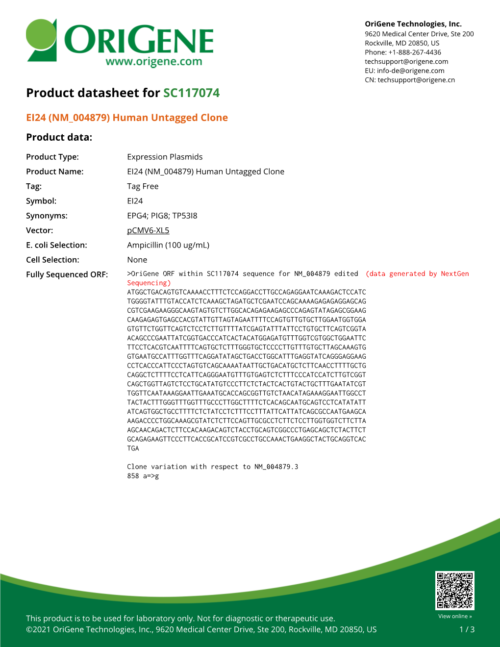 EI24 (NM 004879) Human Untagged Clone – SC117074 | Origene