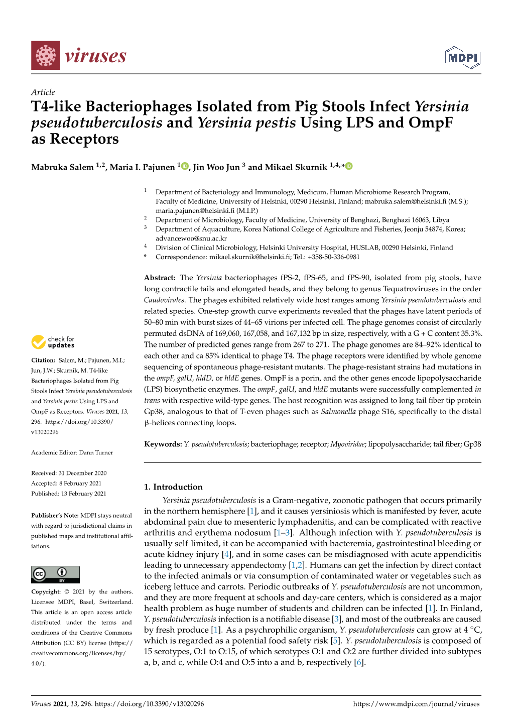T4-Like Bacteriophages Isolated from Pig Stools Infect Yersinia Pseudotuberculosis and Yersinia Pestis Using LPS and Ompf As Receptors