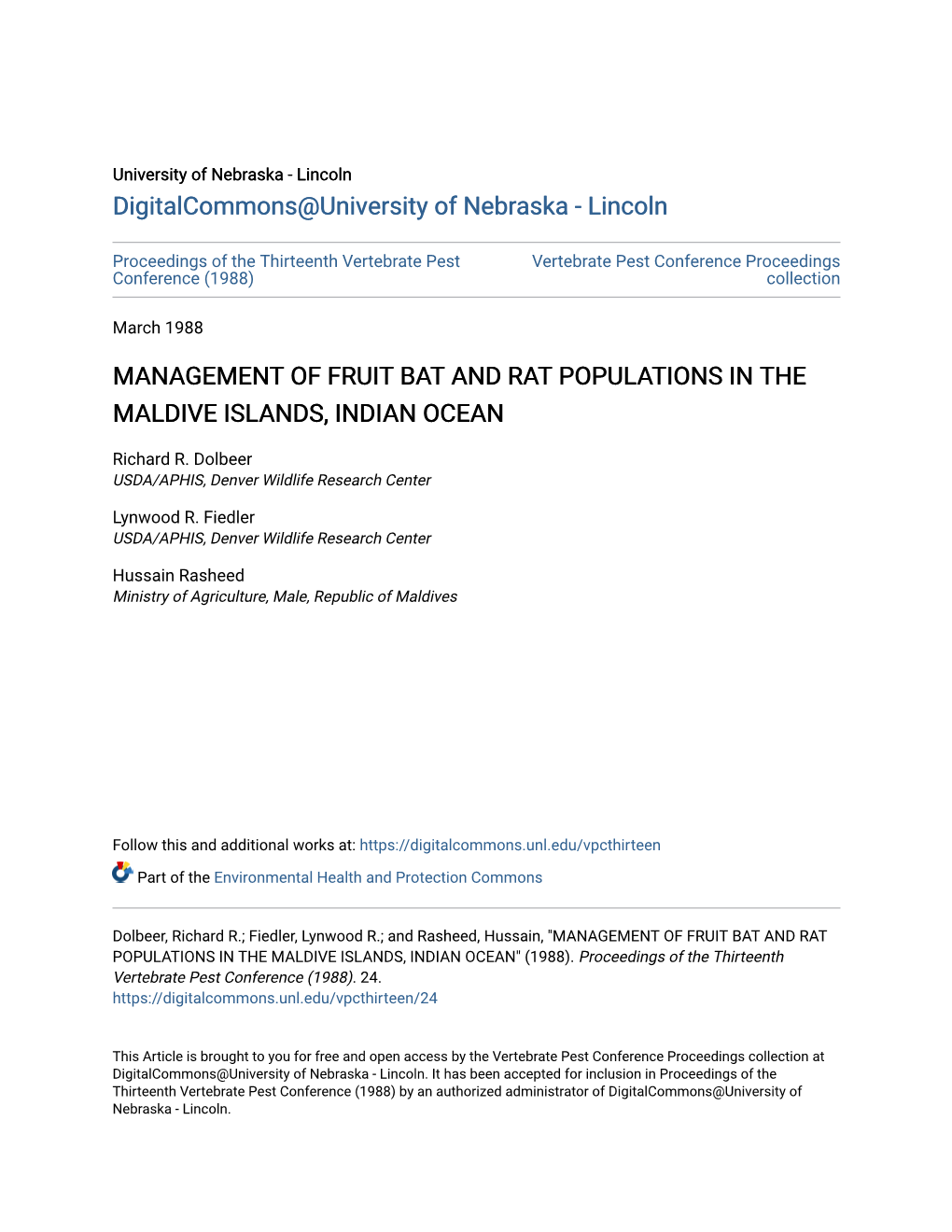 Management of Fruit Bat and Rat Populations in the Maldive Islands, Indian Ocean