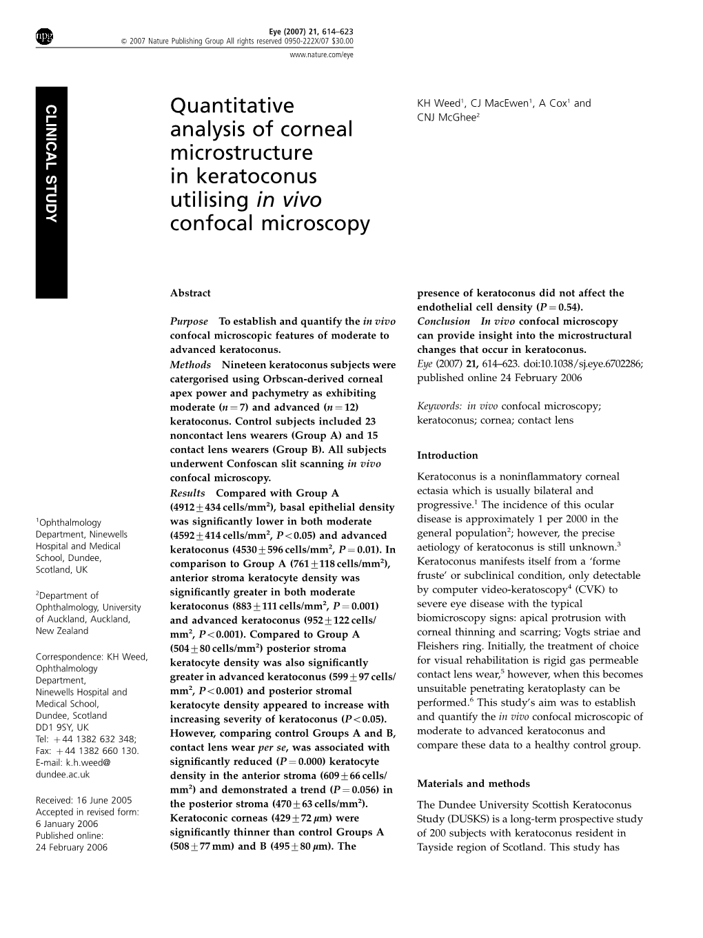 Quantitative Analysis of Corneal Microstructure in Keratoconus KH Weed Et Al 615