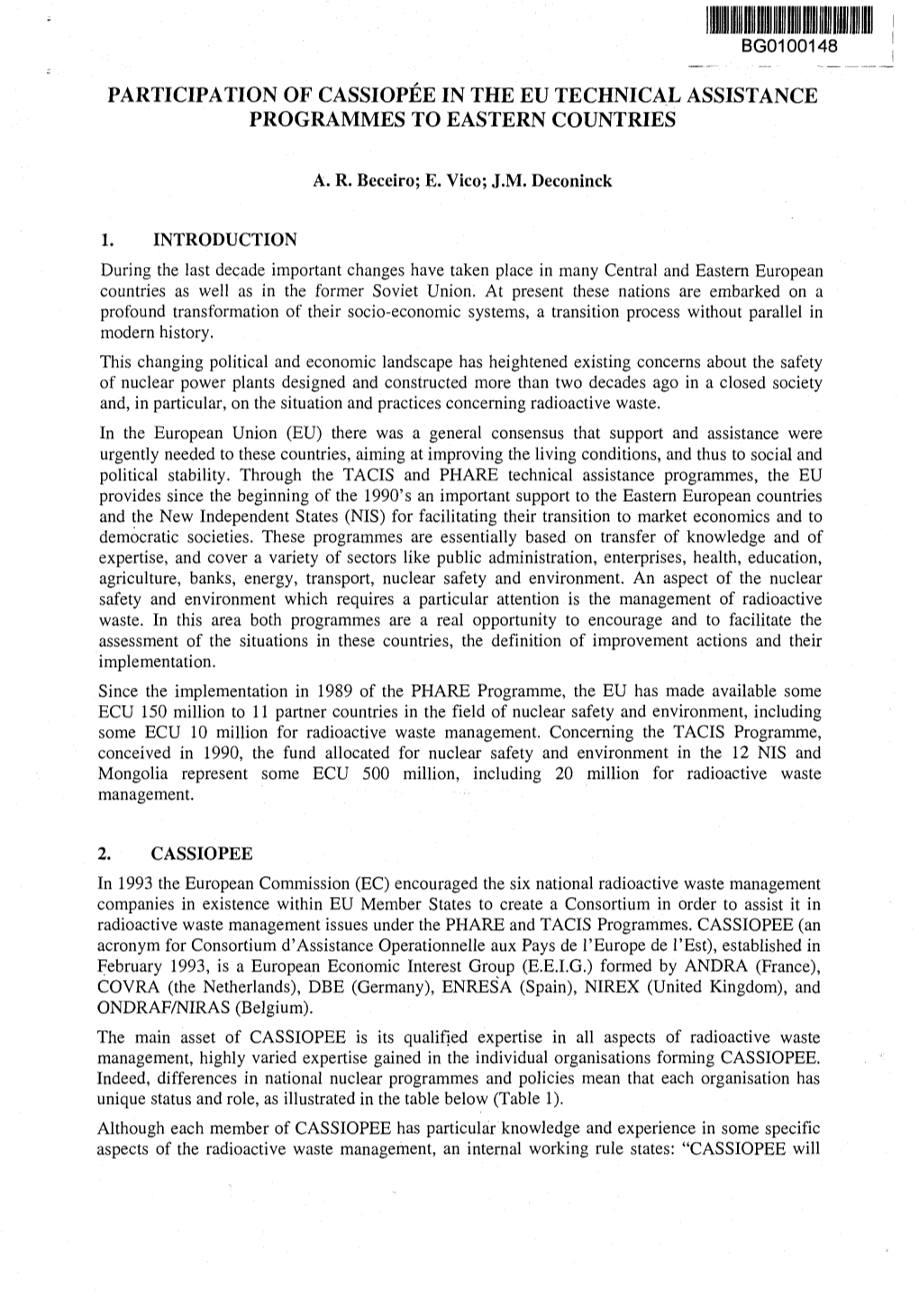 Participation of Cassiopee in the Eu Technical Assistance Programmes to Eastern Countries