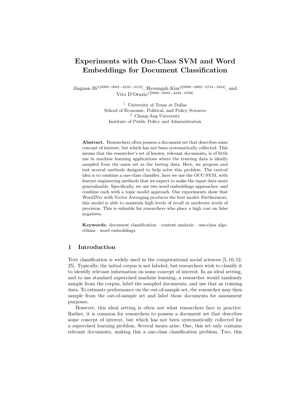 Experiments with One-Class SVM and Word Embeddings for Document Classification