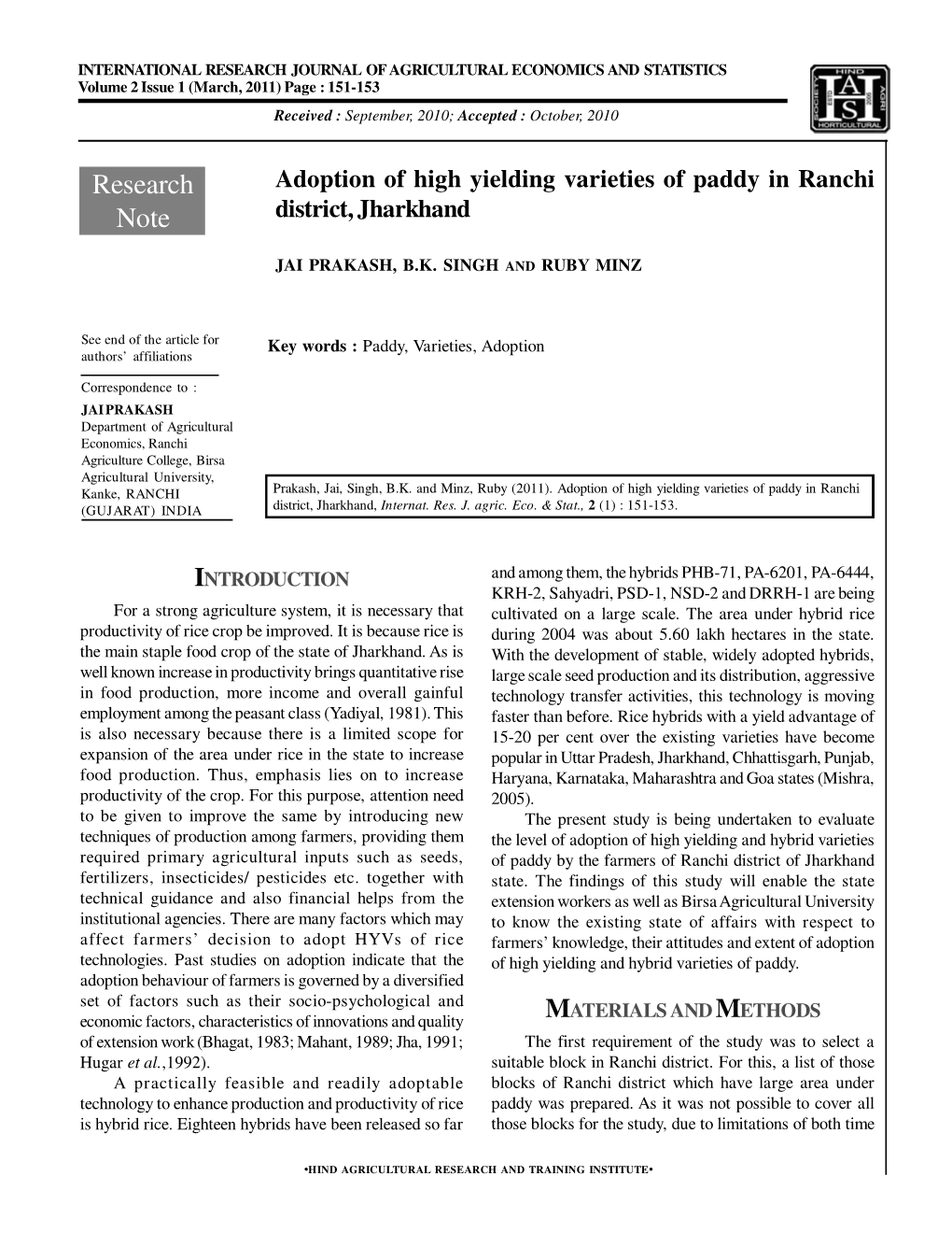 Adoption of High Yielding Varieties of Paddy in Ranchi Note District, Jharkhand