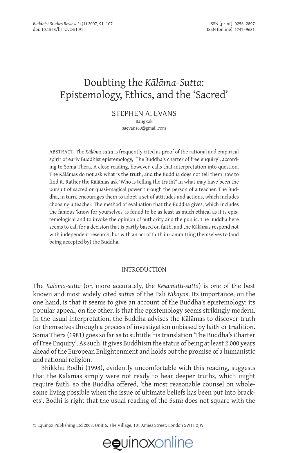 Kālāma-Sutta: Epistemology, Ethics, and the ‘Sacred’