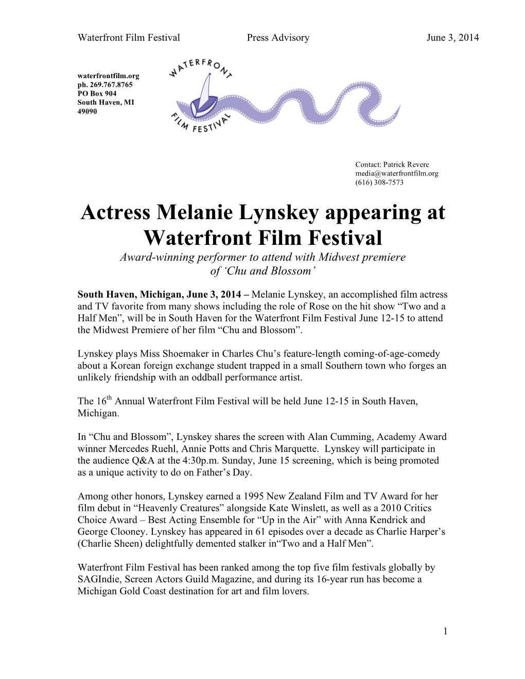 Actress Melanie Lynskey Appearing at Waterfront Film Festival Award-Winning Performer to Attend with Midwest Premiere of ‘Chu and Blossom’