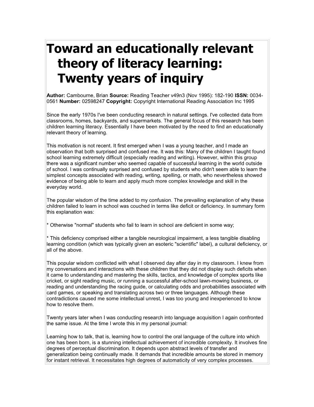 Toward an Educationally Relevant Theory of Literacy Learning: Twenty Years of Inquiry