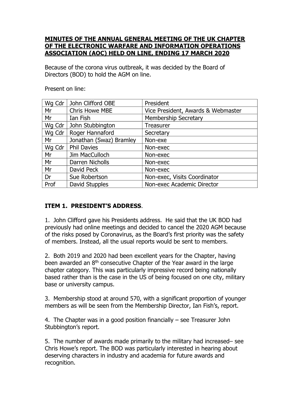 Minutes of the Annual General Meeting of the Uk Chapter of the Electronic Warfare and Information Operations Association (Aoc) Held on Line, Ending 17 March 2020