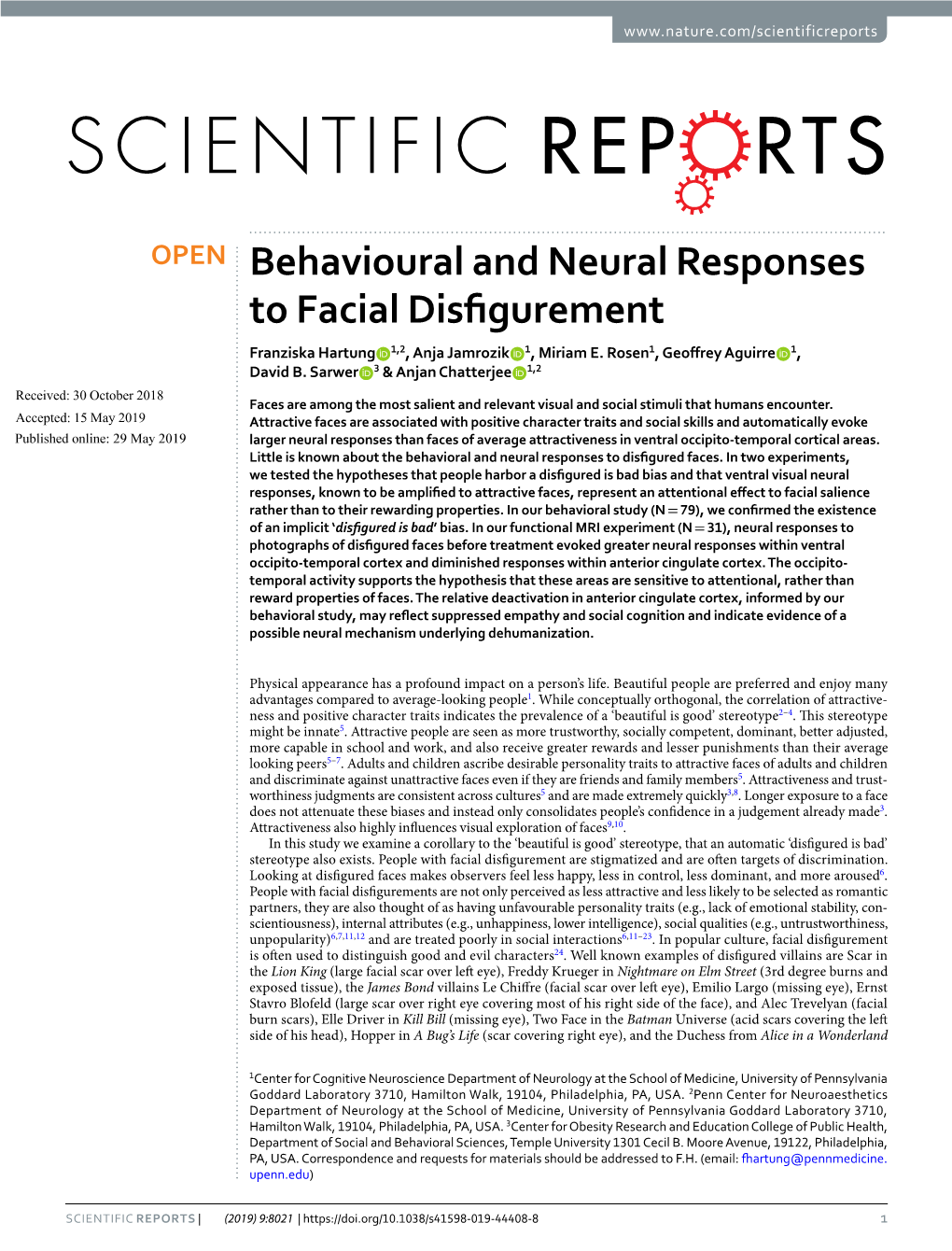 Behavioural and Neural Responses to Facial Disfigurement