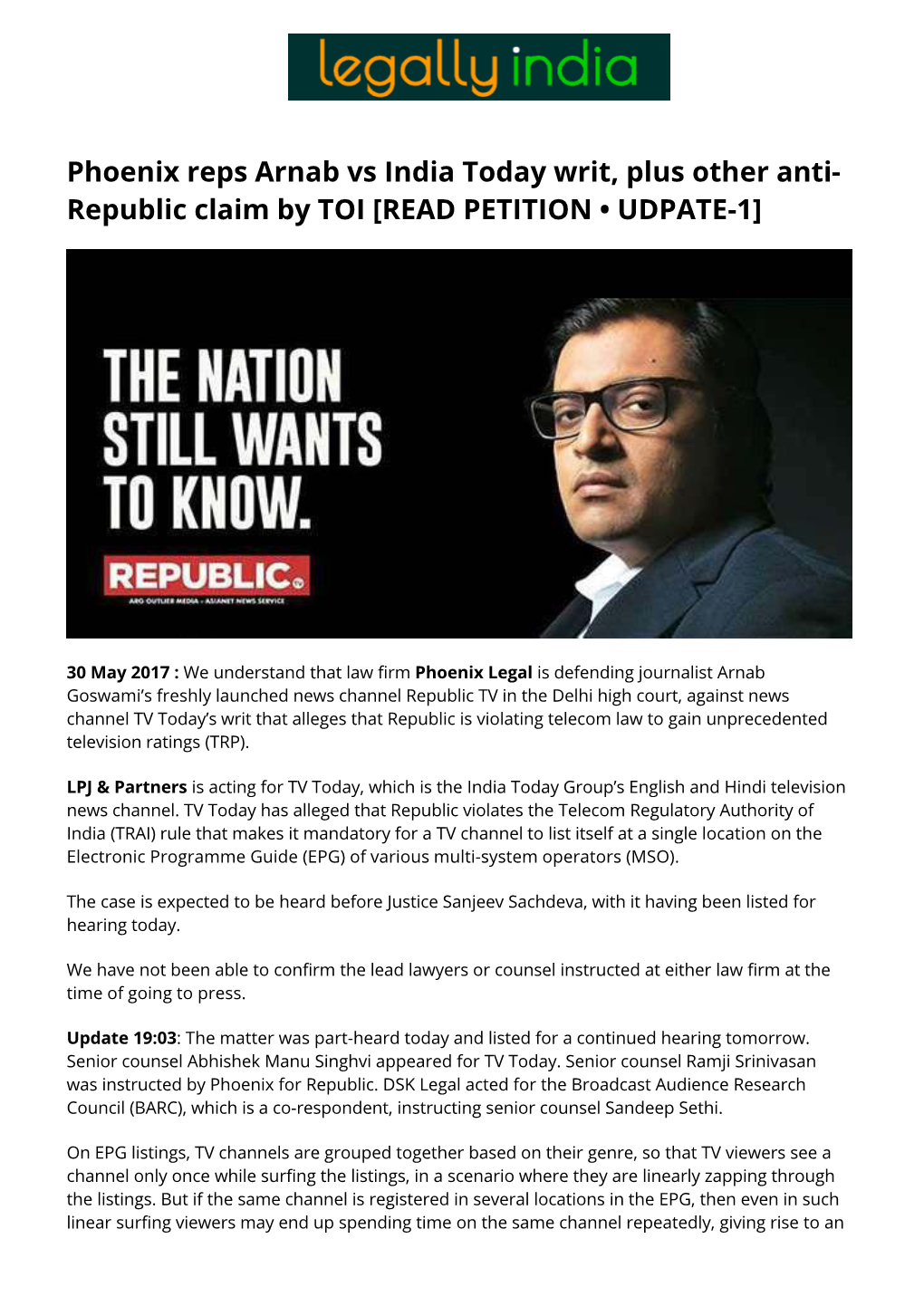 Phoenix Reps Arnab Vs India Today Writ, Plus Other Anti- Republic Claim by TOI [READ PETITION • UDPATE-1]