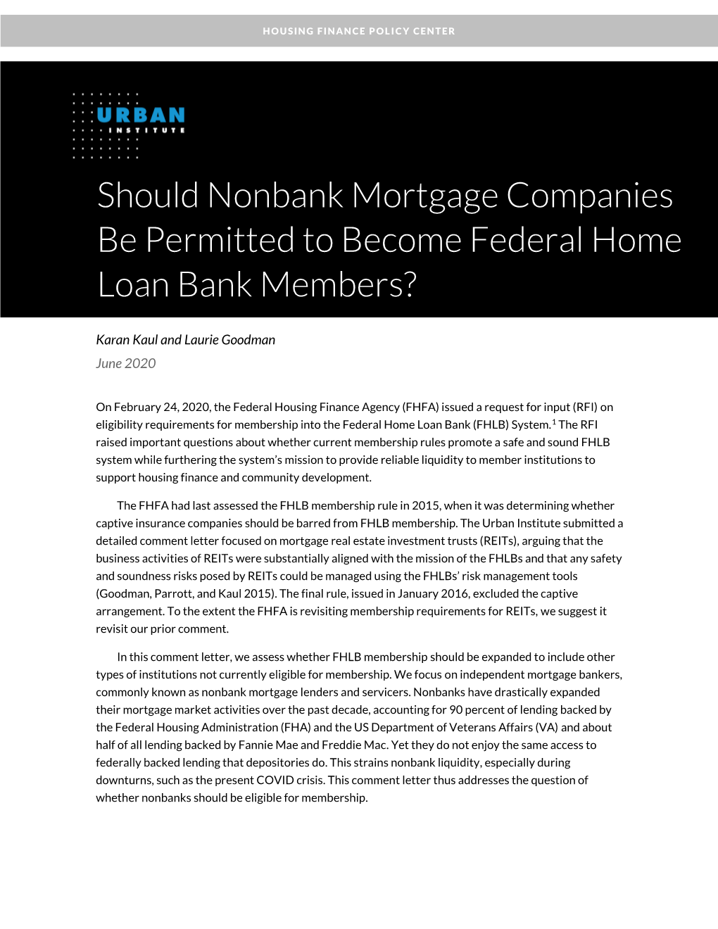 Should Nonbank Mortgage Companies Be Permitted to Become Federal Home Loan Bank Members?