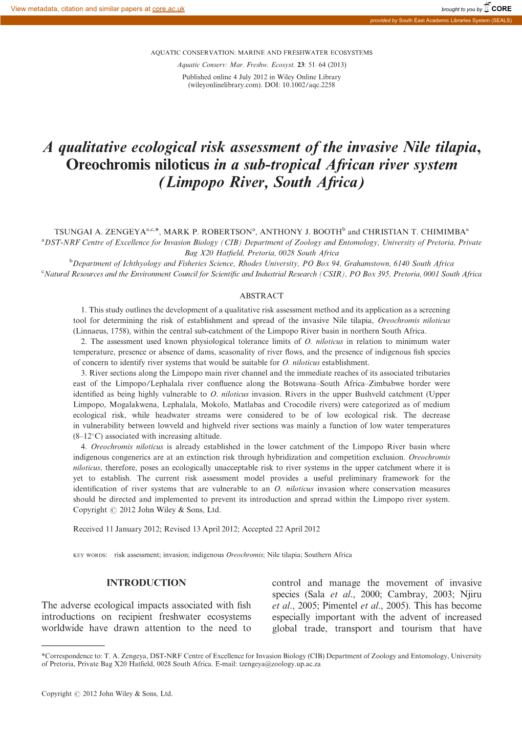 A Qualitative Ecological Risk Assessment of the Invasive Nile Tilapia, Oreochromis Niloticus in a Sub‐Tropical African River S