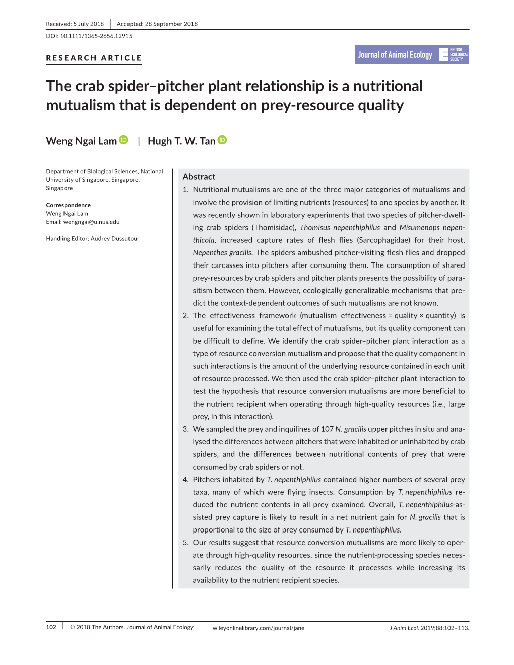 The Crab Spider–Pitcher Plant Relationship Is a Nutritional Mutualism That Is Dependent on Prey- Resource Quality