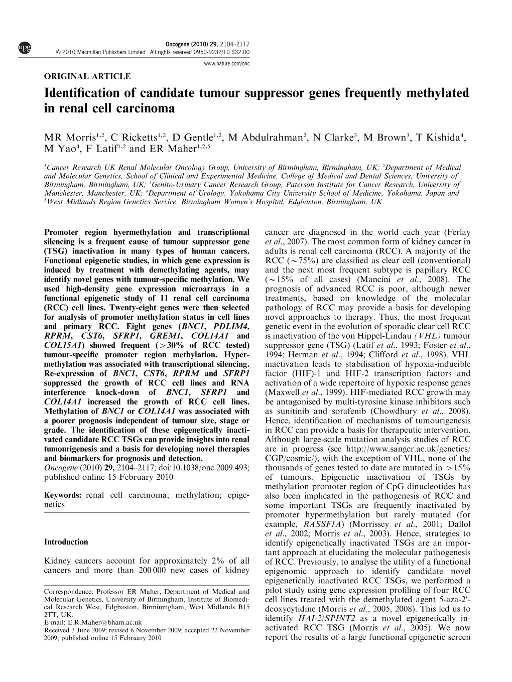 Identification of Candidate Tumour Suppressor Genes Frequently