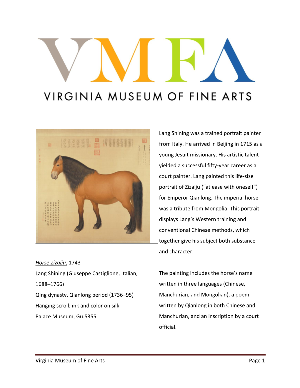 Virginia Museum of Fine Arts Page 1 Horse Zizaiju, 1743 Lang Shining