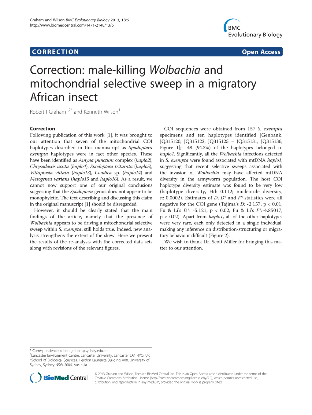 Male-Killing Wolbachia and Mitochondrial Selective Sweep in a Migratory African Insect Robert I Graham1,2* and Kenneth Wilson1