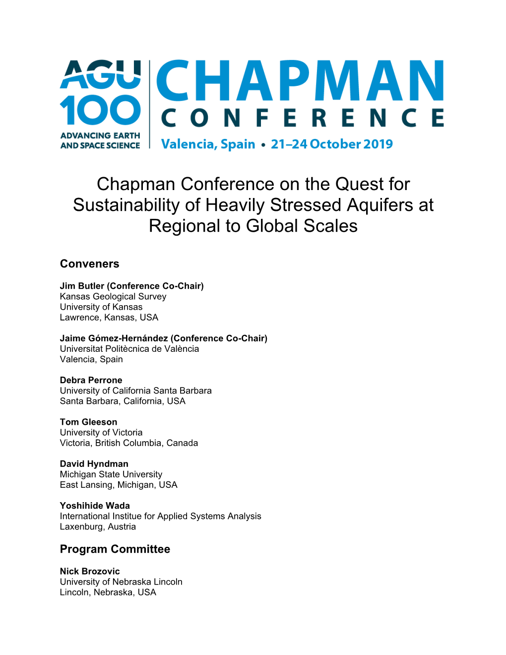 Chapman Conference on the Quest for Sustainability of Heavily Stressed Aquifers at Regional to Global Scales