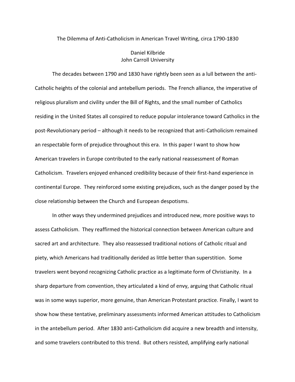 The Dilemma of Anti-Catholicism in American Travel Writing, Circa 1790-1830