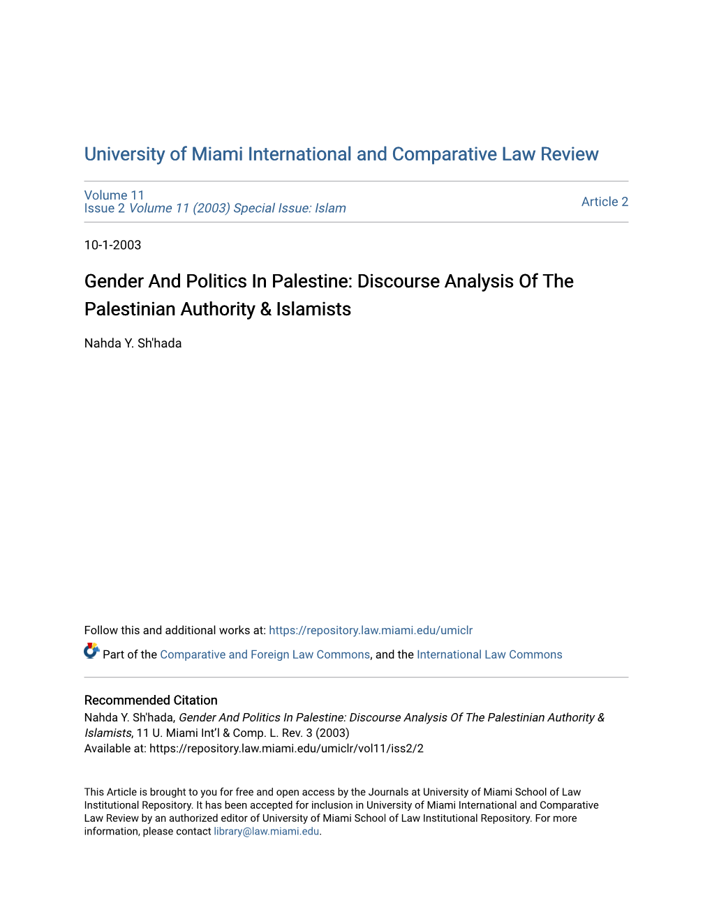 Gender and Politics in Palestine: Discourse Analysis of the Palestinian Authority & Islamists