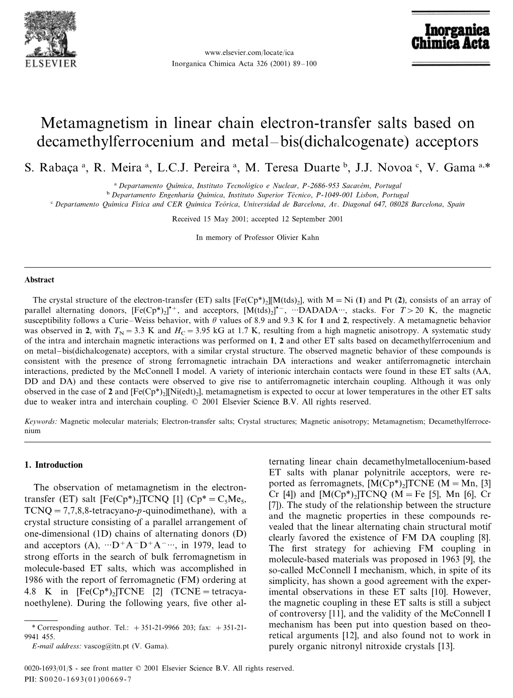 Metamagnetism in Linear Chain Electron-Transfer Salts Based on Decamethylferrocenium and Metal–Bis(Dichalcogenate) Acceptors
