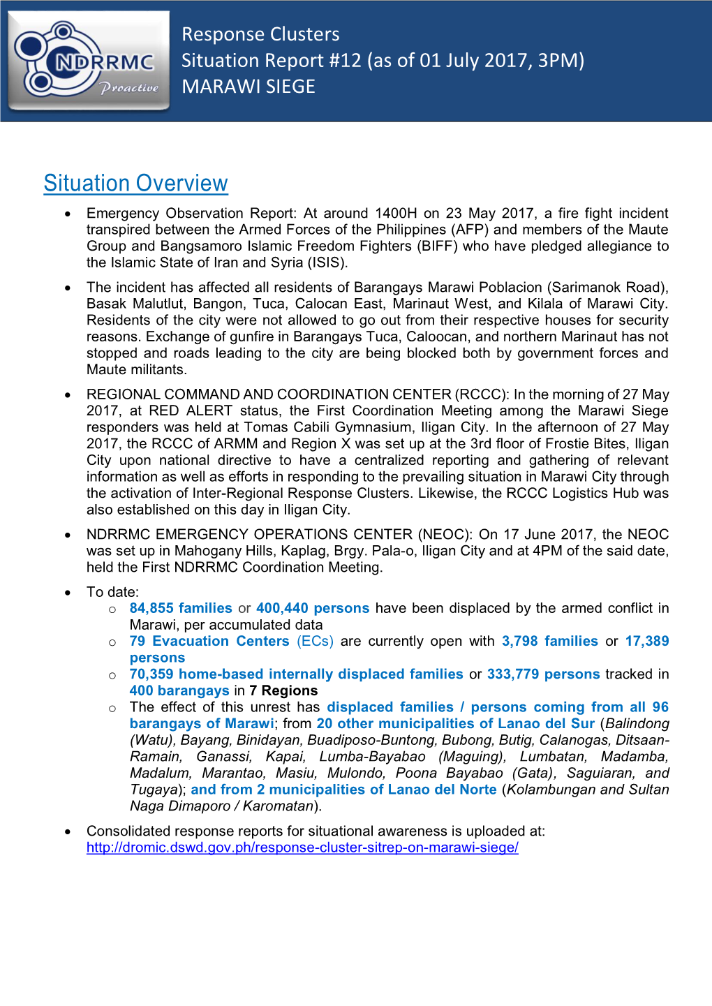 Response Clusters Situation Report #12 (As of 01 July 2017, 3PM)